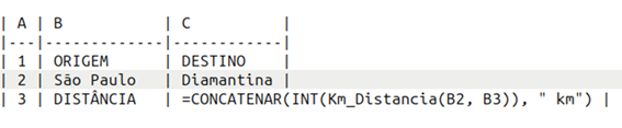 Exemplo de uso da função Km_Distancia em planilha Excel