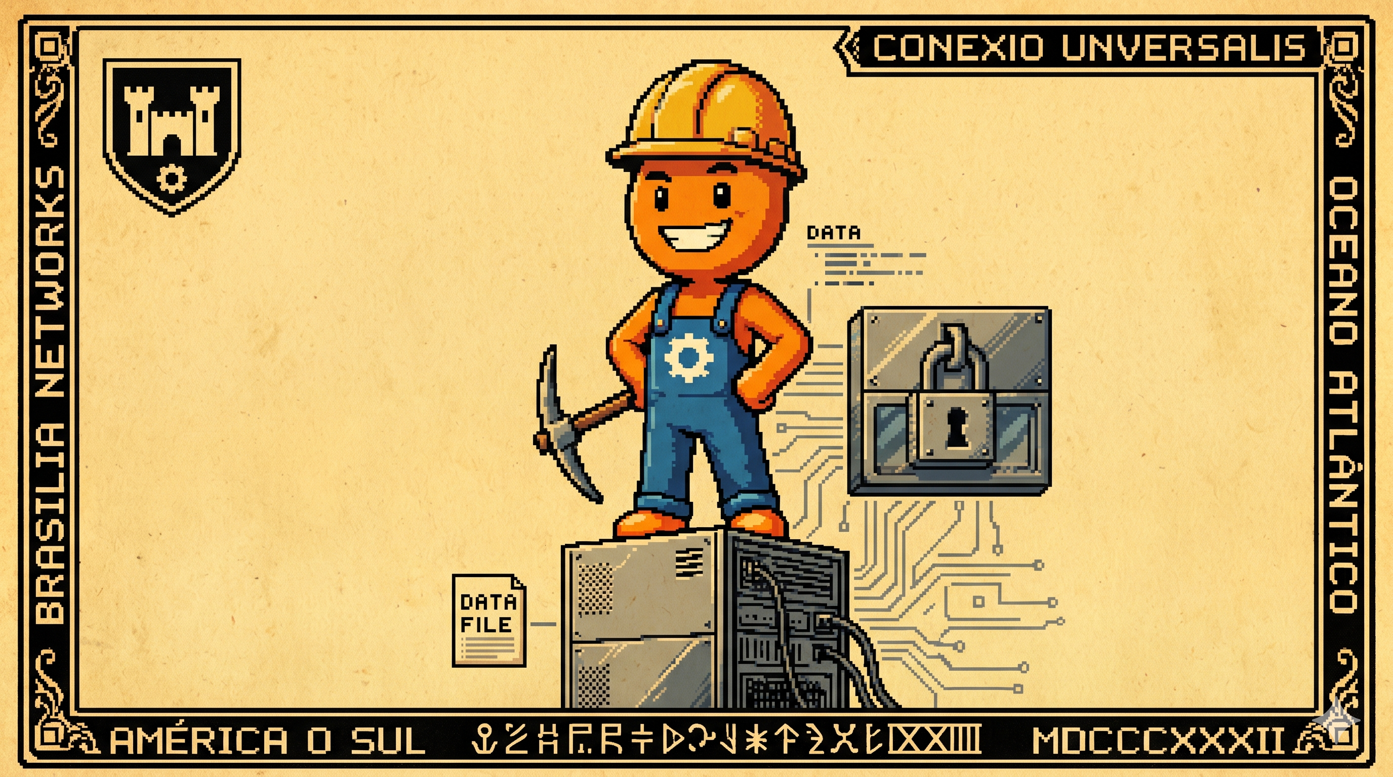 Professor Mascote com picareta protegendo cofre SQLite