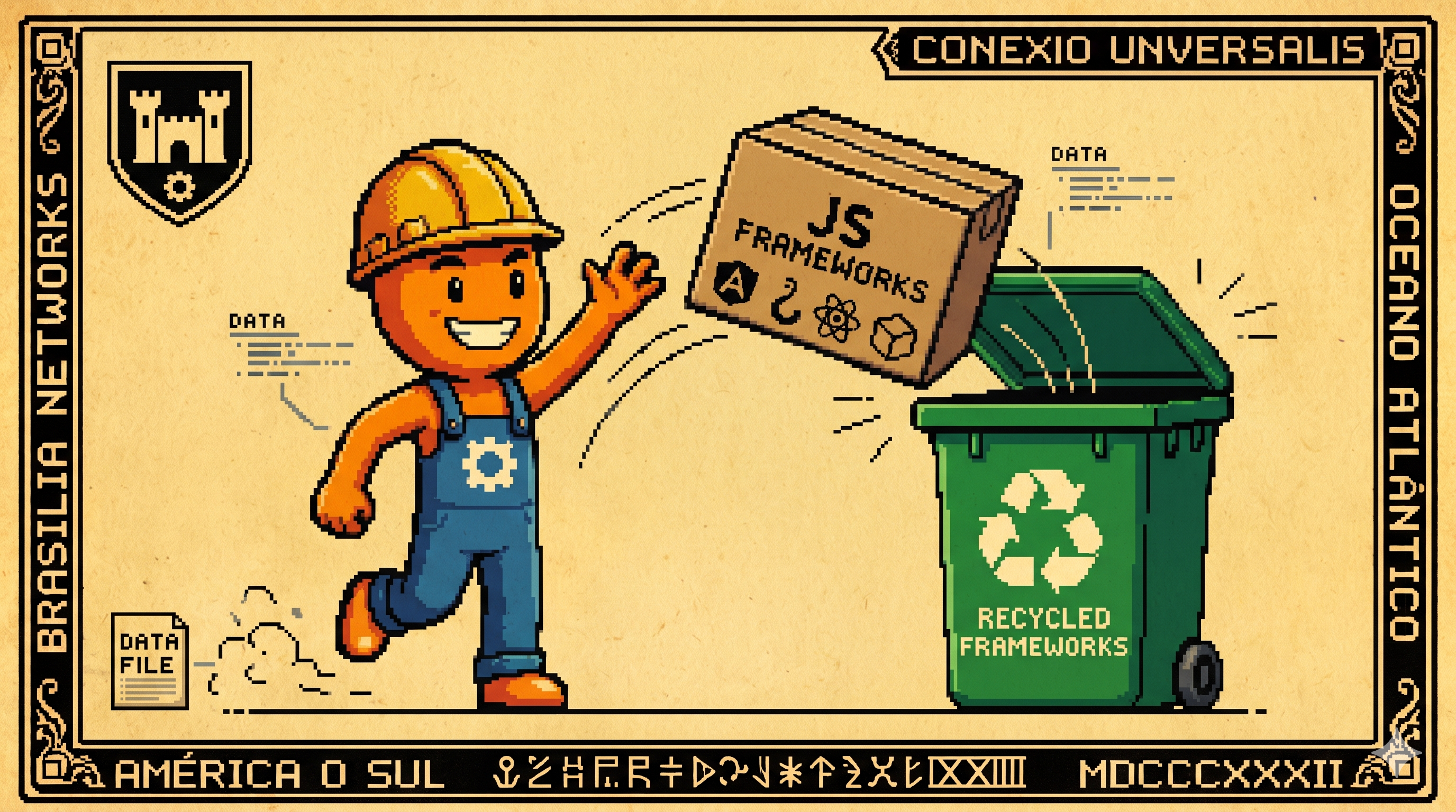 Professor Mascote descartando frameworks JS no lixo