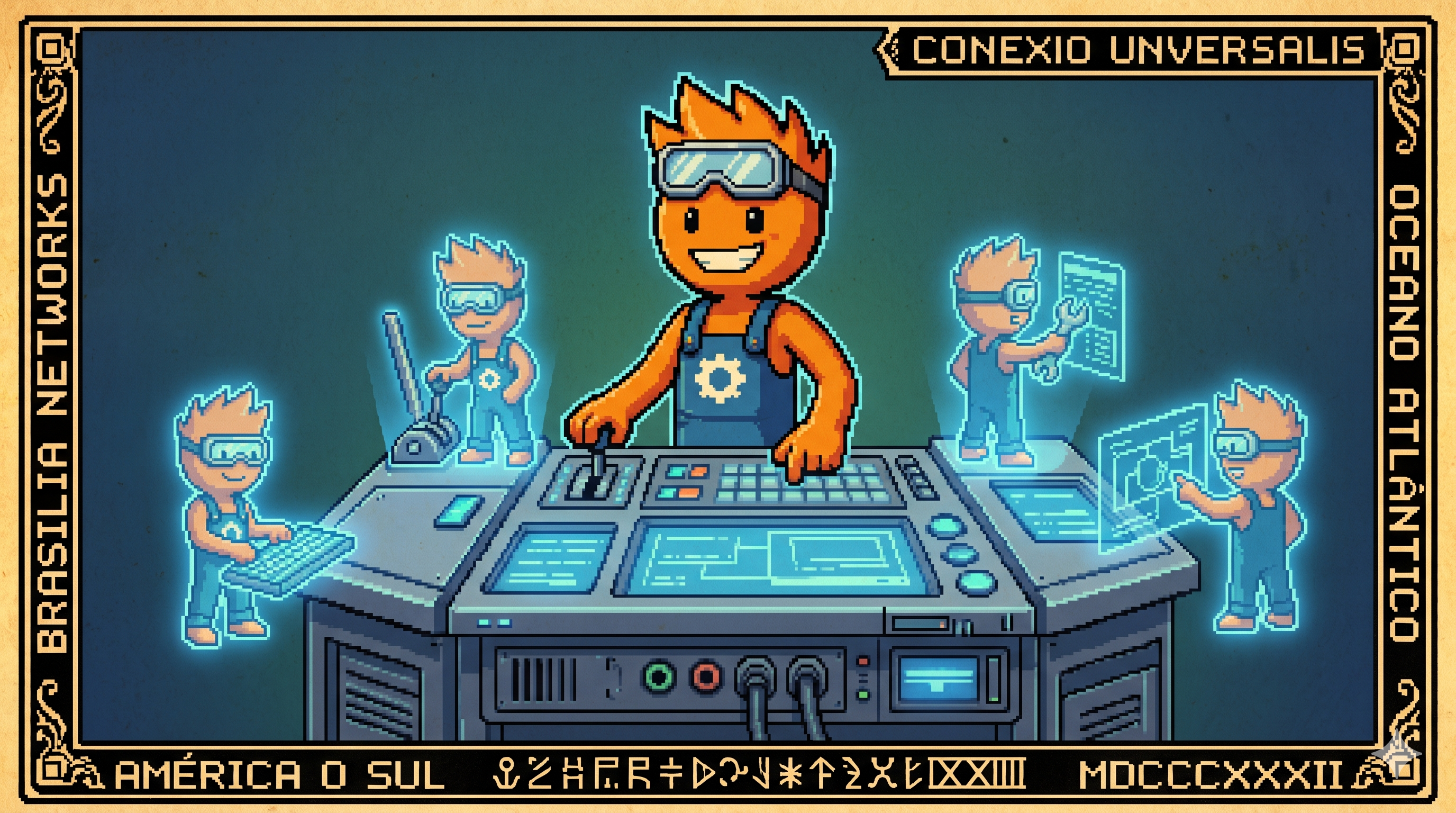 Professor Mascote operando console com clones holográficos