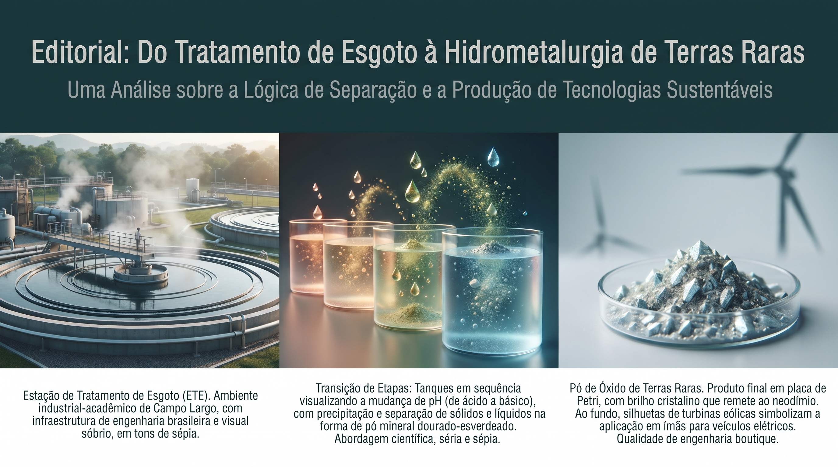 Estação de tratamento de efluentes com tanques em cascata ao lado de um esquema de precipitação de terras raras