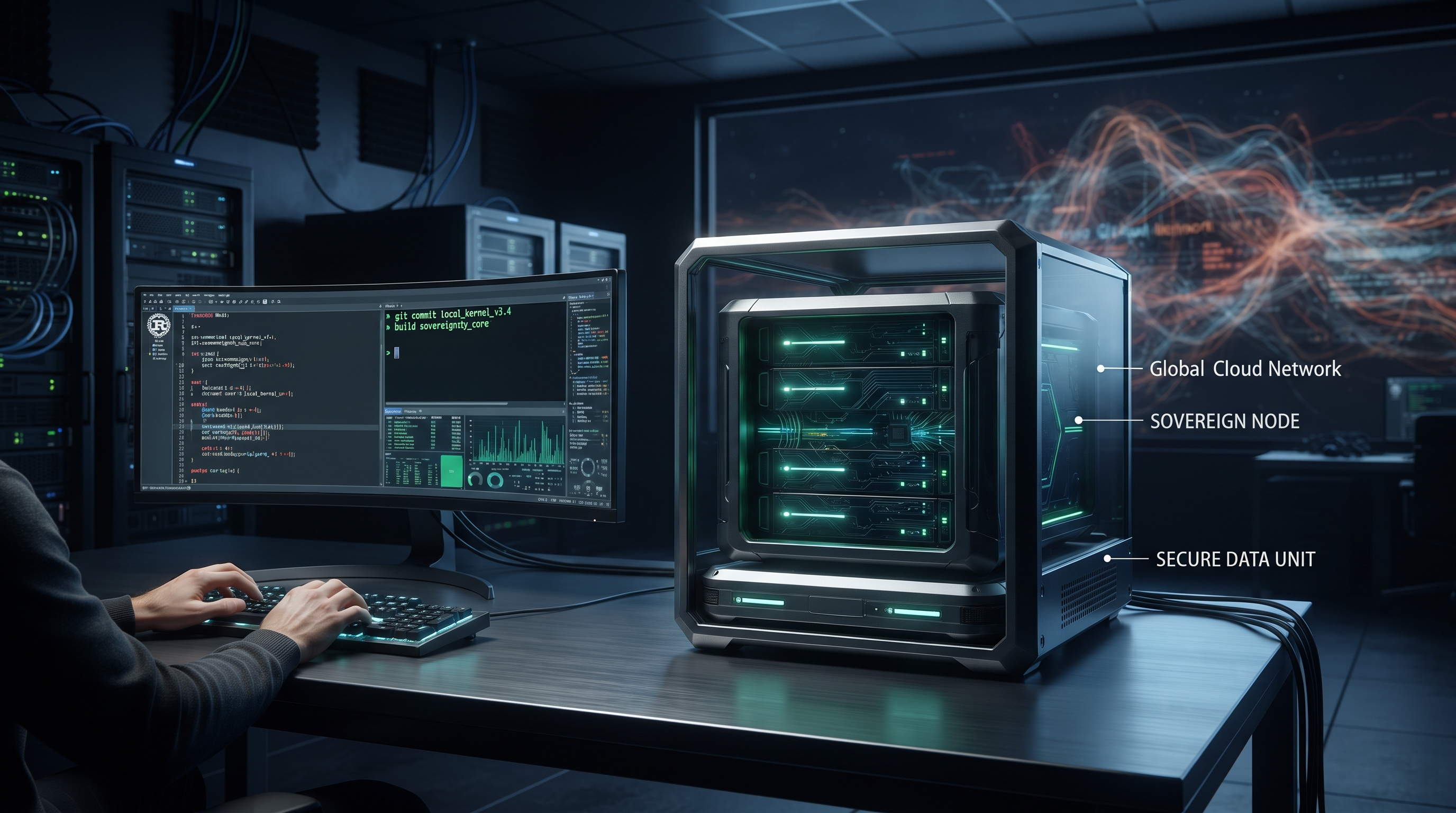 Mesa de oficina digital com arquitetura local, cabos organizados e um computador operando sem depender da nuvem