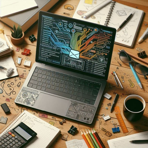 Mala-direta digital: notebook com emails sendo enviados, conceito de automação de marketing